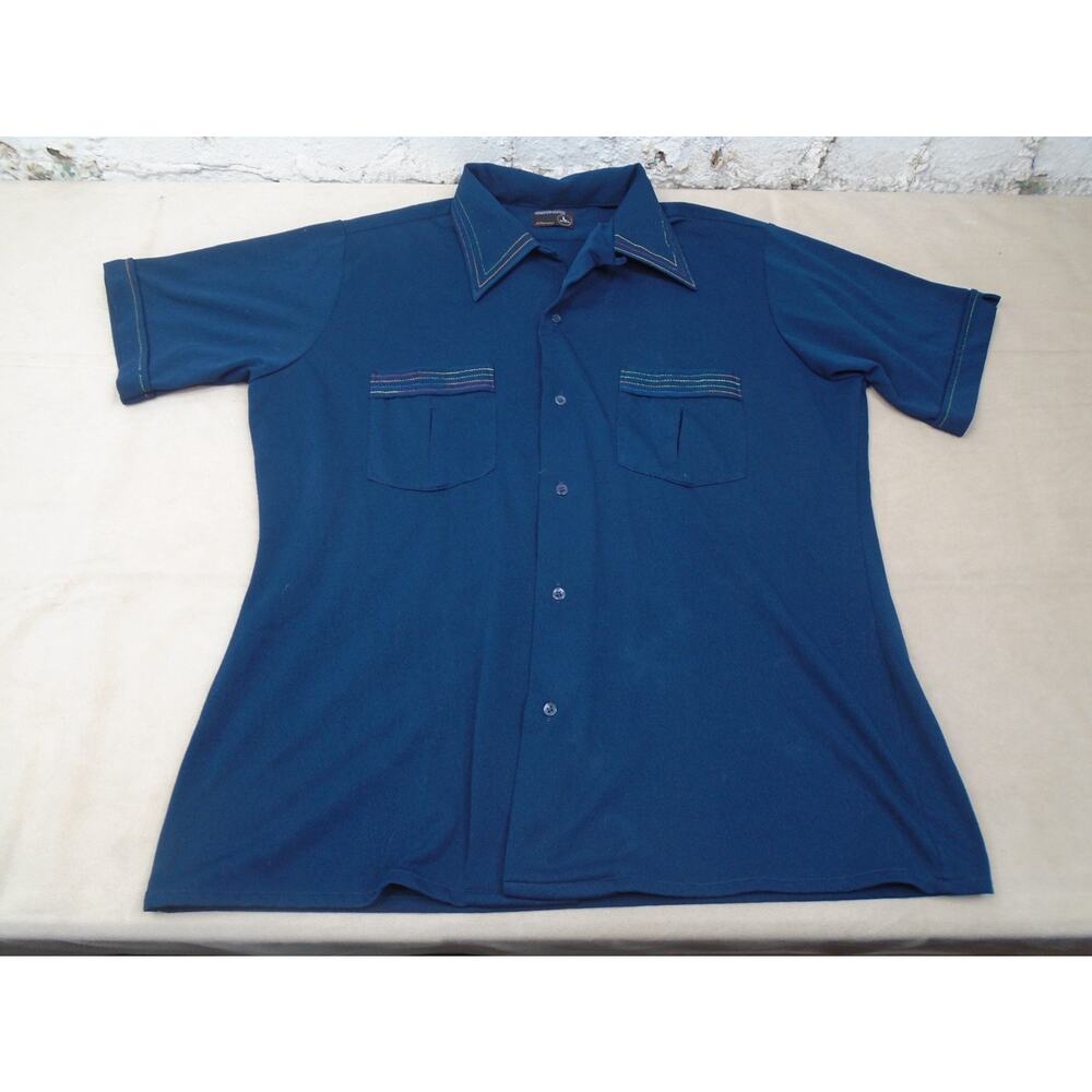 Vintage 70s JC Penny Button Shirt Poly Blend Disco Rockabilly Blue L Loop Collar